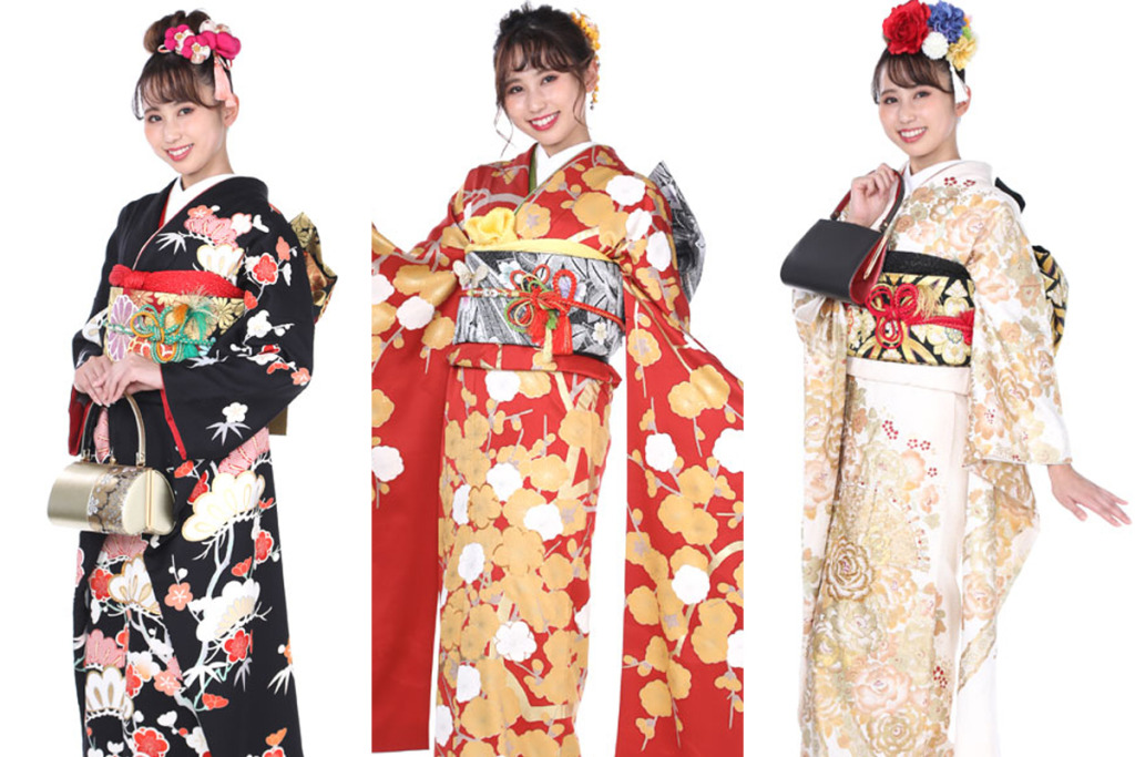 黒い振り袖を着た女性と赤い振袖を着た女性と白い振袖を着た女性