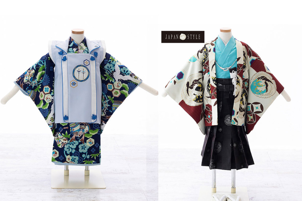 七五三(三歳)｜【乙葉】吉祥文様柄の紺着物×水色被布｜W-B-3-30七五三(三歳)｜【JAPAN STYLE×松坂大輔】鷹に七宝柄羽織 水色着物×黒袴｜W-B-3-22