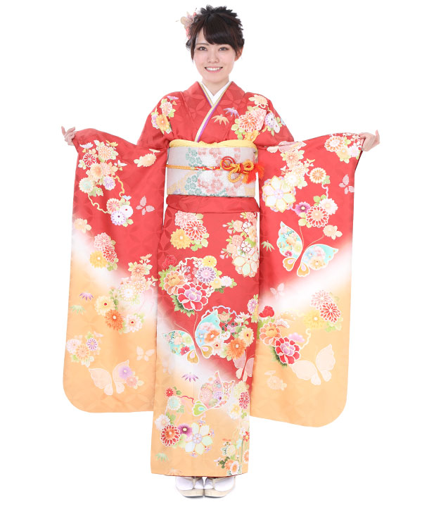 振袖｜赤とオレンジの蝶花｜F0013 M