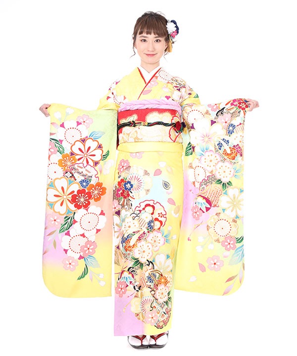 振袖｜黄色地に桜に雪輪貝合わせ｜F0302｜3L