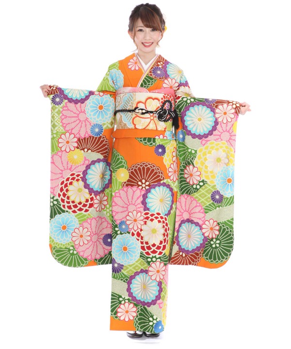 振袖｜紅一点 オレンジに菊｜F0319 L