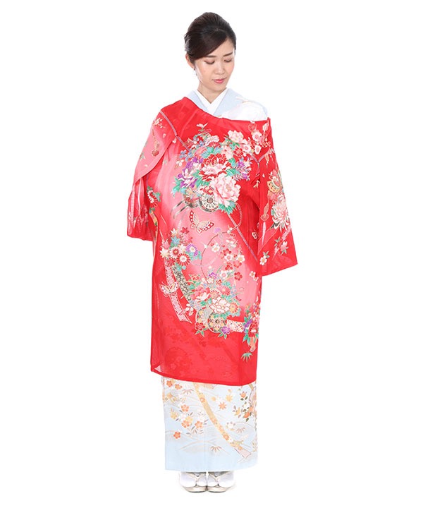 【夏用・7・8月向け】お宮参り産着｜赤地に花車と蝶｜U0075 女の子