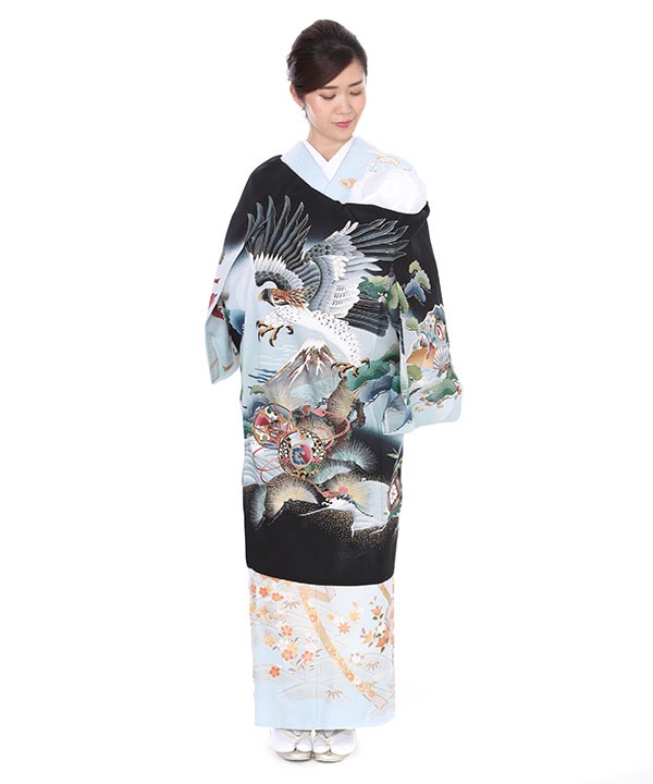 【夏用・7・8月向け】お宮参り産着|黒地に鷹と富士に松の木|U0083 男の子