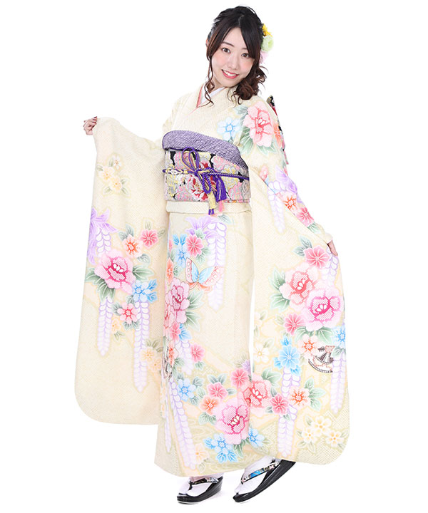 振袖｜クリーム地にぼかし花柄｜F0011 L
