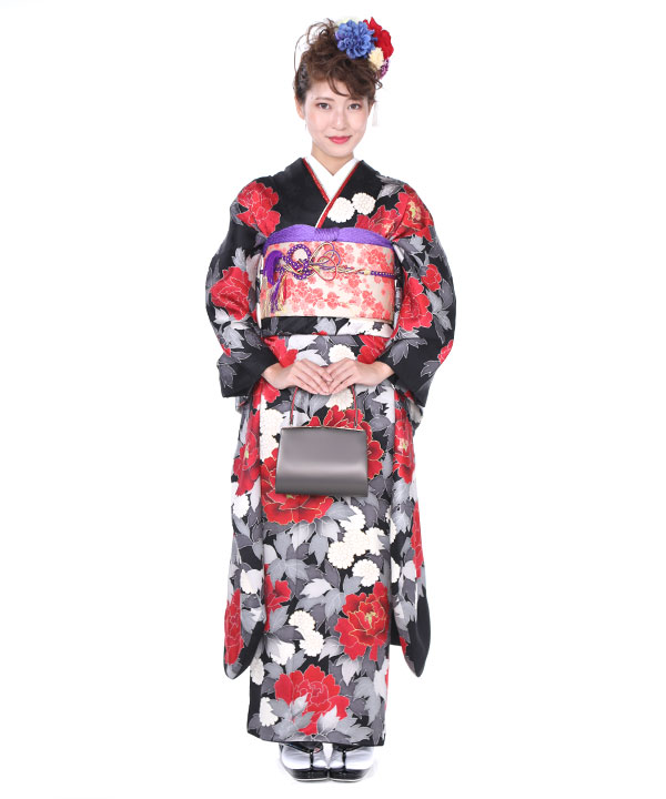 振袖|黒に牡丹丸菊|F0220 M