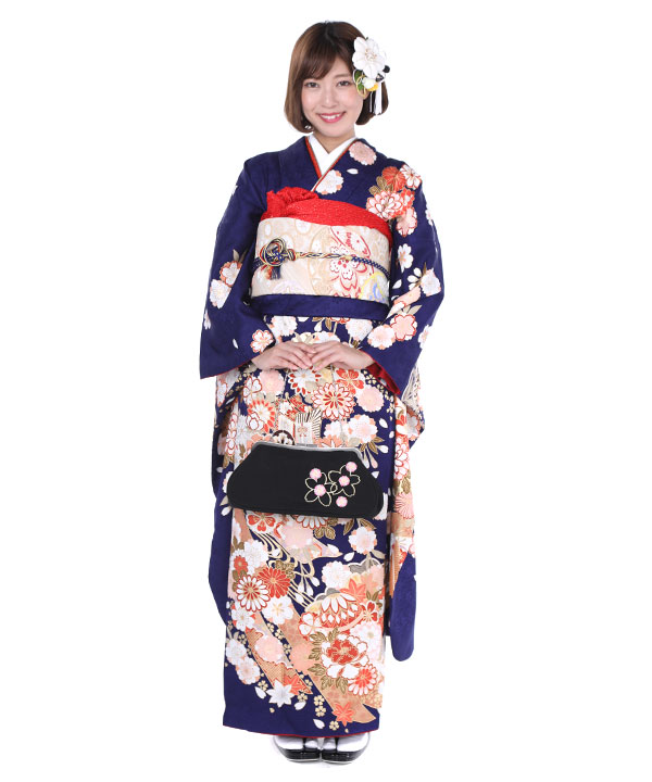 振袖|青紺に熨斗雲取り桜|F0238 M