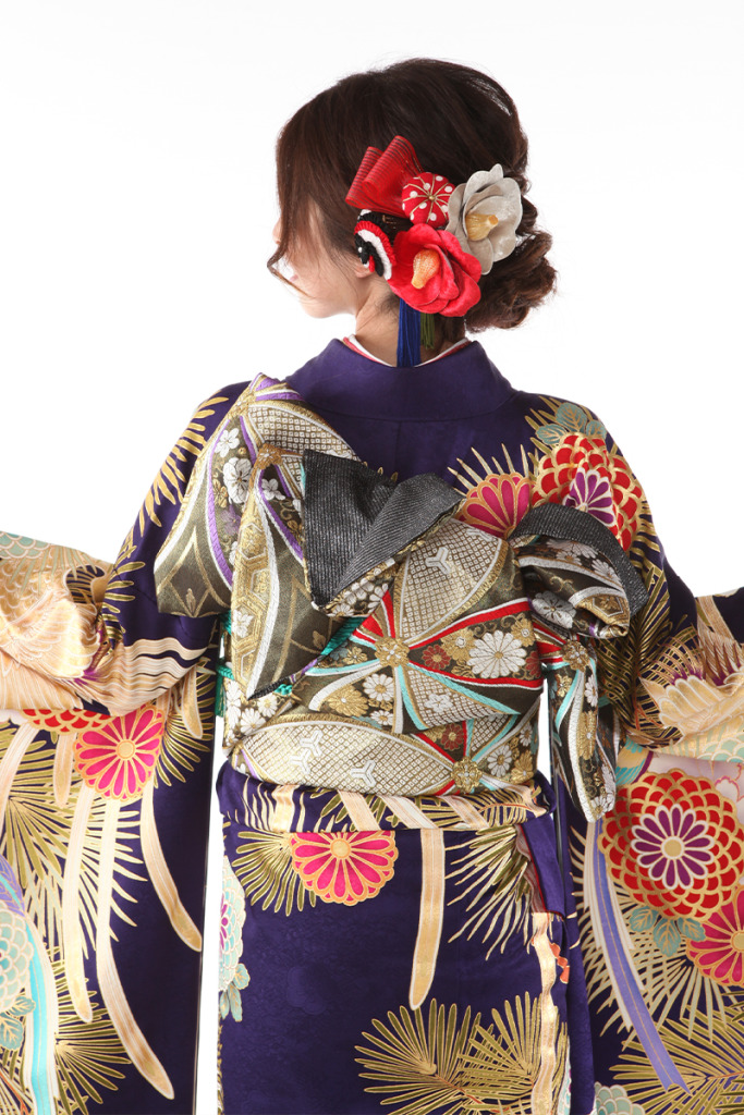 振袖｜紺に松と尾長鳥と牡丹｜F0366｜L