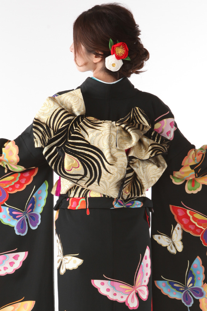 振袖｜黒地に蝶｜F0363｜LL