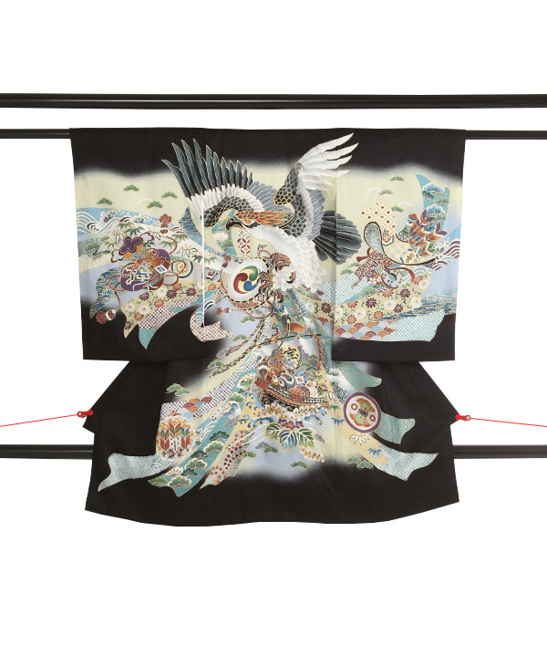 お宮参り産着｜黒に鷹に巴太鼓 熨斗目｜U0286 男の子