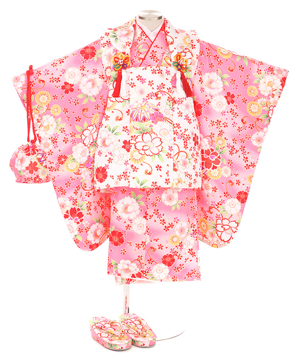 七五三(三歳)｜桜柄ピンク着物×白被布｜W-G-3-94