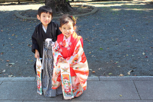 七五三の着物を着た男の子と女の子