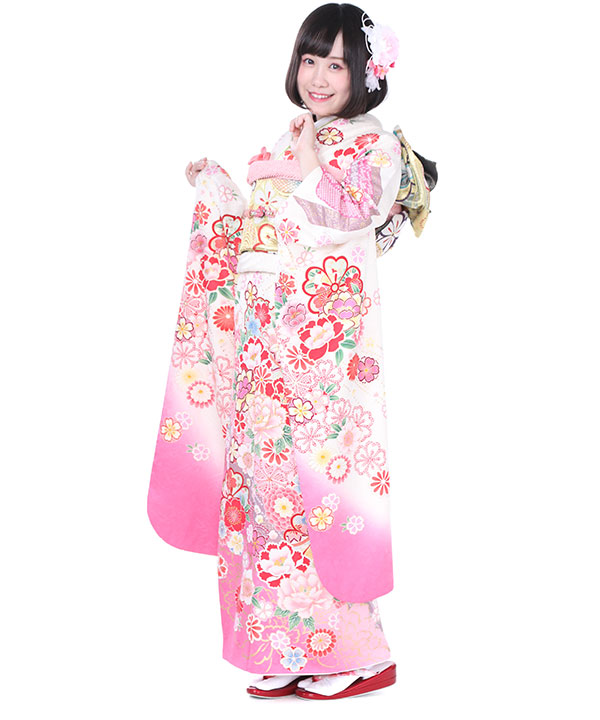 振袖｜白に桜鞠｜F0188｜S｜ヒップ92cmまで
