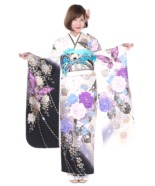 振袖｜白地に薔薇蝶｜F0205 S