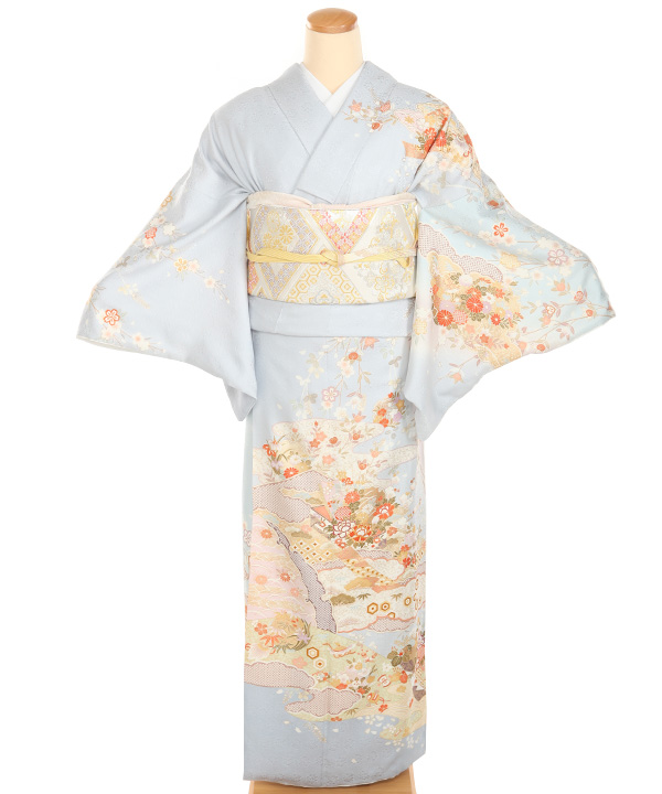 訪問着｜水色に雲取り四季草花｜H5034｜L