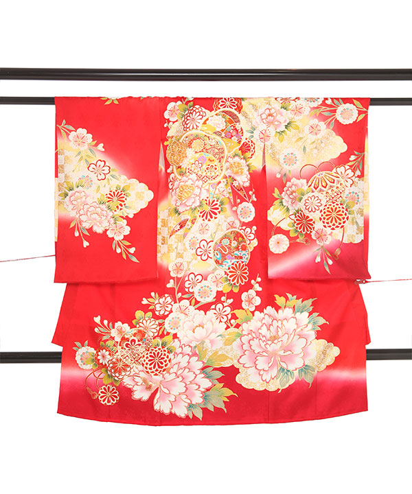 お宮参り産着｜赤地に大輪の牡丹や菊 金駒刺繍｜U0180 女の子
