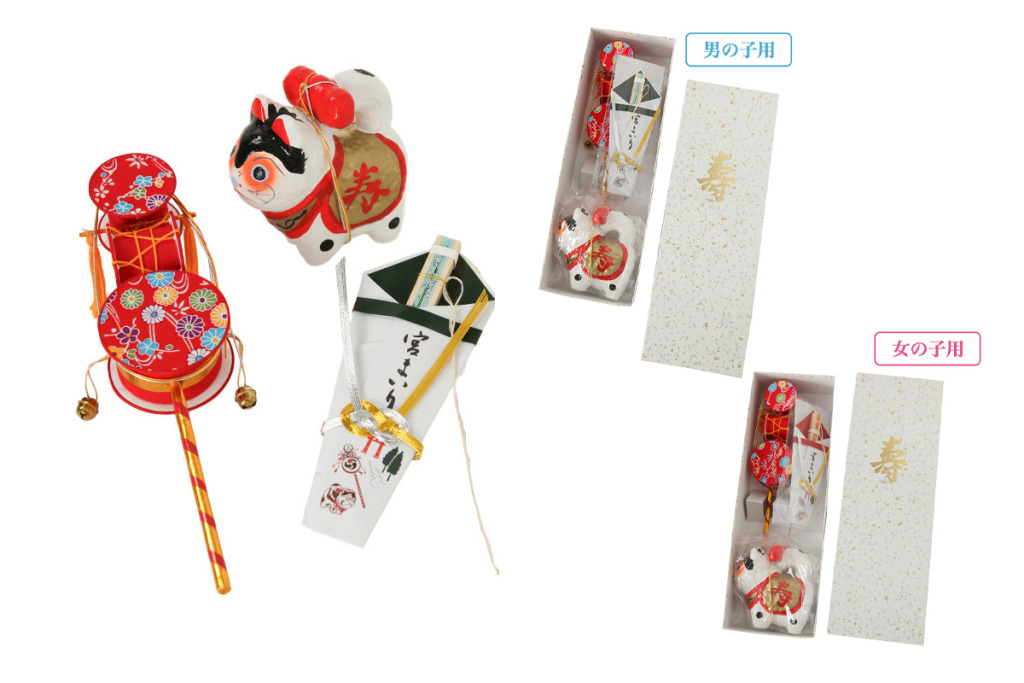 【販売用】お宮参り小物3点セット(でんでん大鼓 犬張子 熨斗扇子) 化粧箱入り 送料無料|OM002