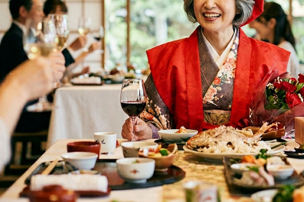 赤いちゃんちゃんこを着て食事をする女性