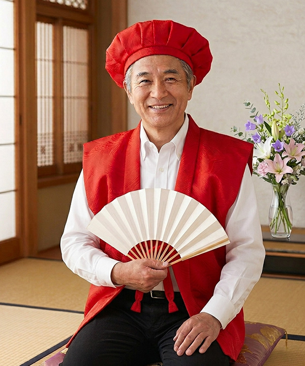 赤いちゃんちゃんこを着た男性