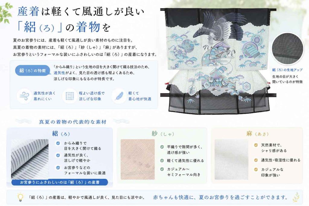 産着は軽くて風通しが良い「絽（ろ）」の着物を