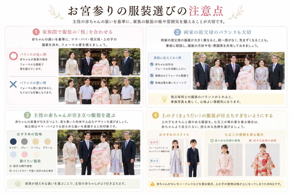 お宮参りの赤ちゃん・ママ・パパ・祖父母・上の子の服装選びの注意点