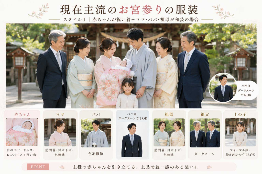 現在主流のお宮参りの服装スタイル1　赤ちゃんが祝い着（掛け着・産着） ＋ママ・パパ・祖母が和装の場合