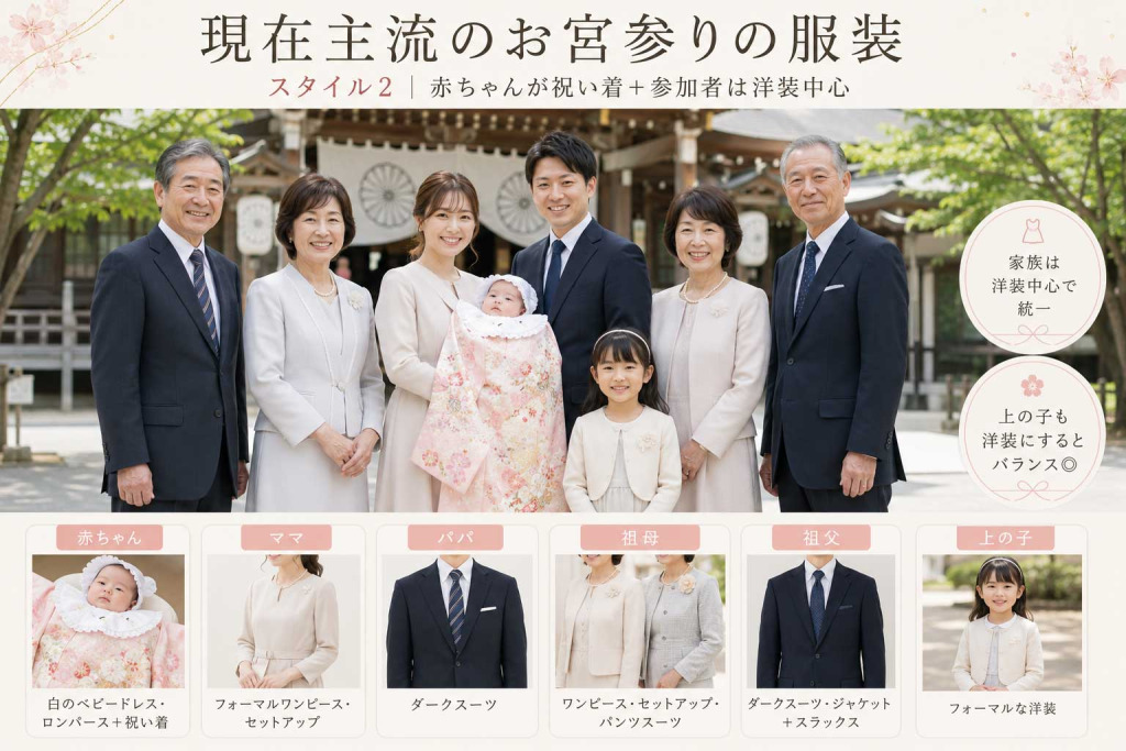 現在主流のお宮参りの服装スタイル2　赤ちゃんが祝い着（掛け着・産着） ＋参加者が洋装中心の場合
