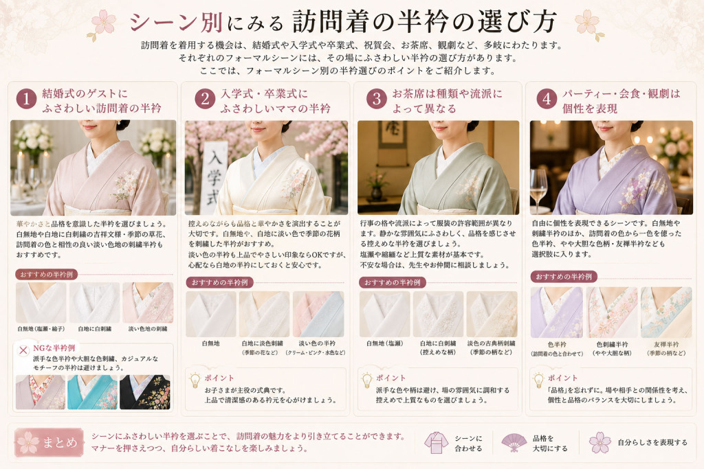 シーン別にみる訪問着の半衿の選び方