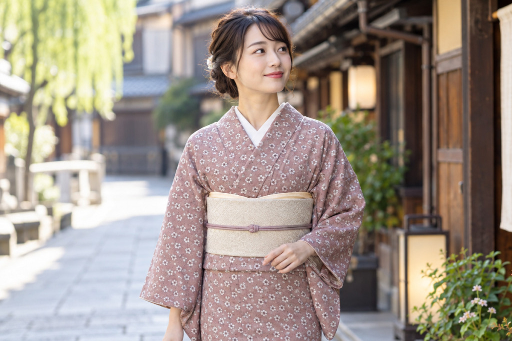リピート柄の小紋を着た女性