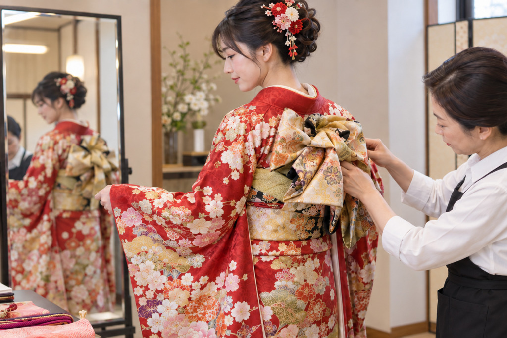 赤い振袖を着付けている女性と振袖を着た女性