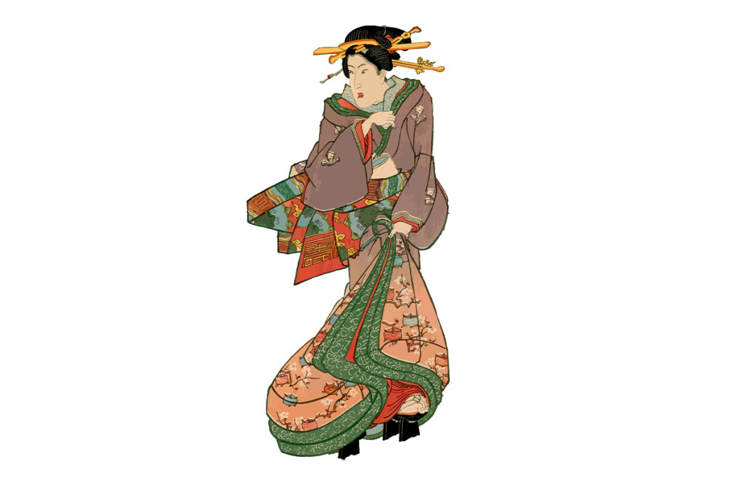 糸巻き柄の着物を着た女性