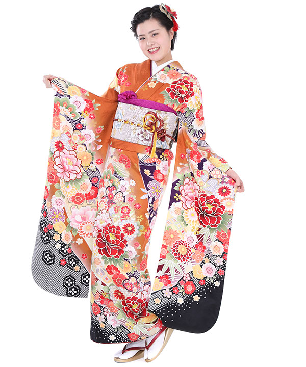 K0597 正絹 振袖 レンタル店放出品 水色 ガード加工 牡丹 桜 秋桜 9号 K0597 正絹 振袖 レンタル店放出品 水色 ガード加工 牡丹 桜
