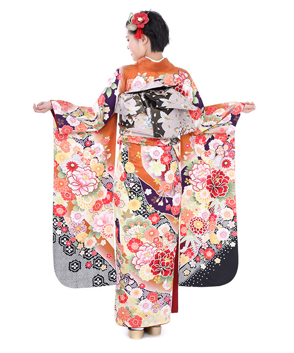 振袖レンタル｜オレンジ色に牡丹と桜｜F0008｜L｜宅配着物