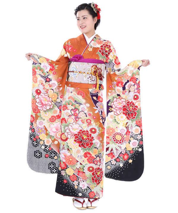 振袖　オレンジ　袋帯 振袖レンタル｜オレンジ色に牡丹と桜｜F0008｜L｜宅配着物