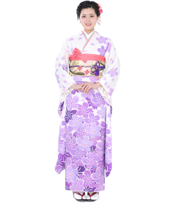 紫色 桜模様 振袖 着物　フルセット 振袖 黒紫桜✖️銀帯桜 | Kimono-nagisa