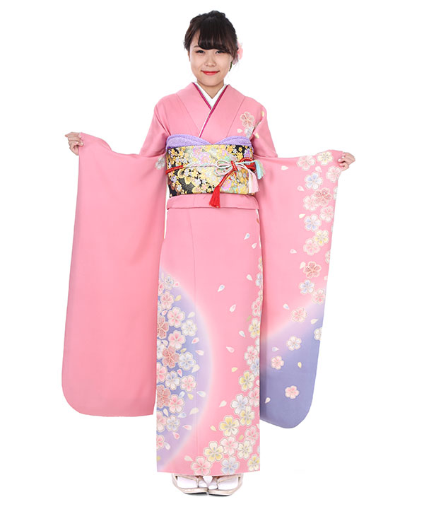 振袖レンタル｜ピンクにぼかし桜｜F0025｜M｜宅配着物レンタル・一式