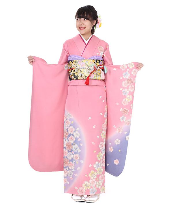 振袖レンタル｜ピンクにぼかし桜｜F0025｜M｜宅配着物レンタル・一式