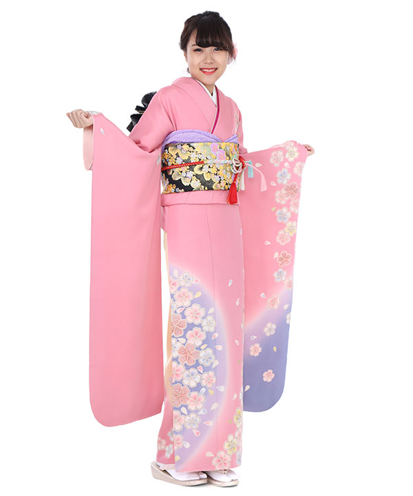 振袖レンタル｜ピンクにぼかし桜｜F0025｜M｜宅配着物レンタル・一式