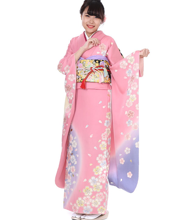 振袖レンタル｜ピンクにぼかし桜｜F0025｜M｜宅配着物レンタル・一式