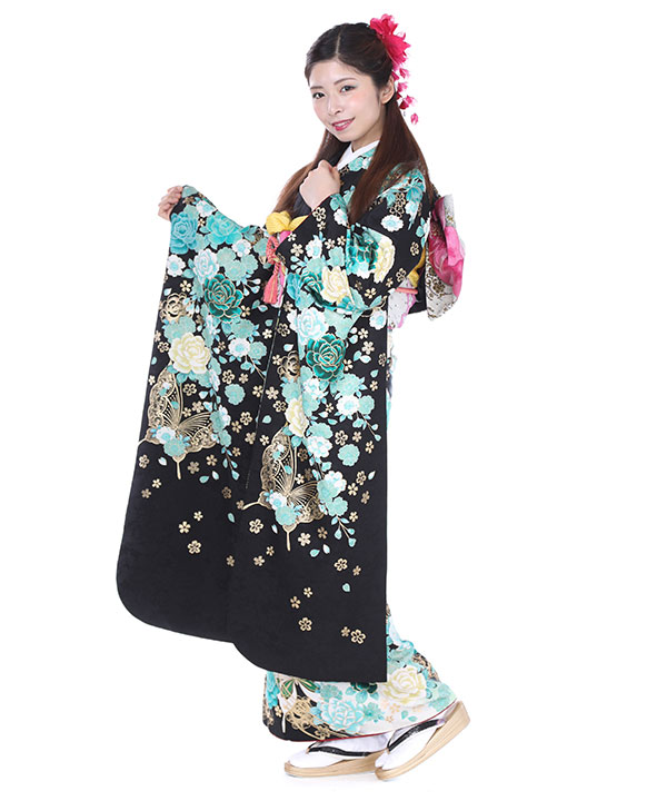 振り袖、黒　　牡丹、藤　着丈152.5 裄67 リバーシブル帯び付き 振り袖、黒 牡丹、藤 着丈152.5 裄67 リバーシブル帯び付き