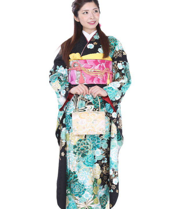 振袖レンタル｜黒に牡丹蝶｜F0072｜LL｜宅配着物レンタル・一式