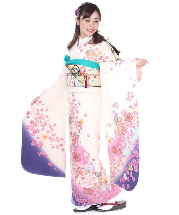 振袖訪問着　桜吹雪　袷 振袖レンタル・生成り色 白系 暈し染め 手描き 桜吹雪 ZX805