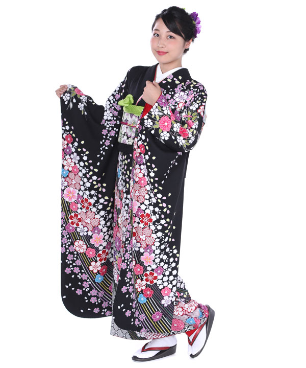 振袖レンタル｜黒に鹿の子桜｜F0108｜3L｜宅配着物レンタル・一式フル
