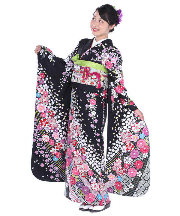 振袖レンタル｜黒に鹿の子桜｜F0108｜3L｜宅配着物レンタル・一式フル