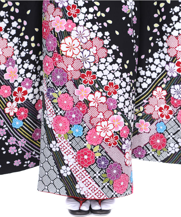 振袖レンタル｜黒に鹿の子桜｜F0108｜3L｜宅配着物レンタル・一式フル