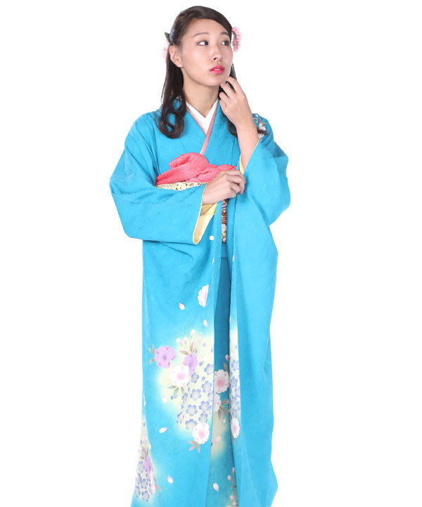 振袖レンタル｜水色に桜｜F0118｜L｜宅配着物レンタル・一式フルセット