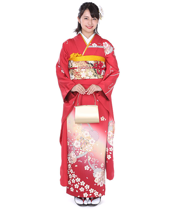 振袖レンタル｜赤に雪輪源氏香｜F0132｜L｜宅配着物レンタル・一式フル
