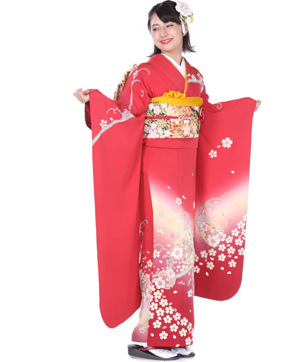 arisana 赤色花柄着物 150cm 襟芯&コーリンベルト付 送料無料被布セット 3歳女の子 七五三 753 三歳 花柄織入り花柄生地