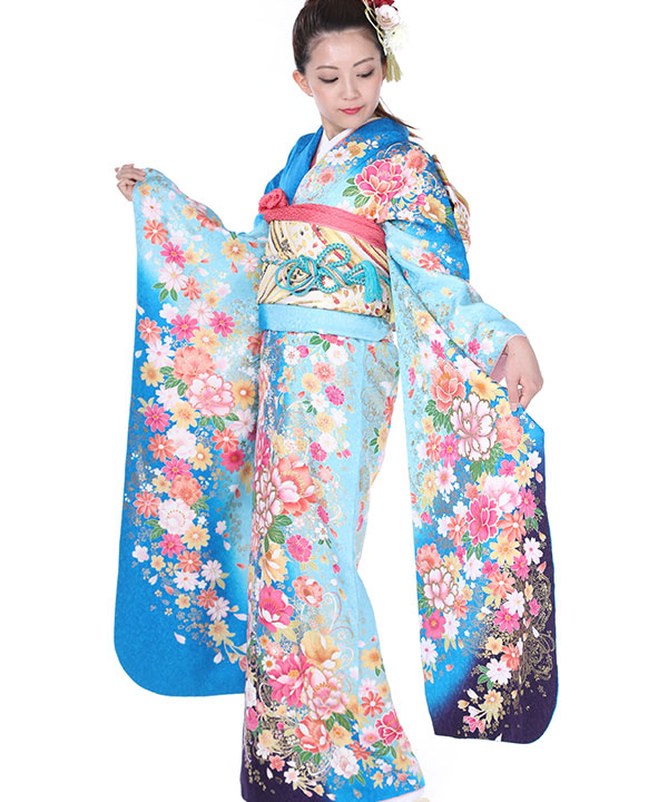 振袖レンタル｜水色グラデ桜牡丹｜F0138｜LL｜宅配着物レンタル・一式