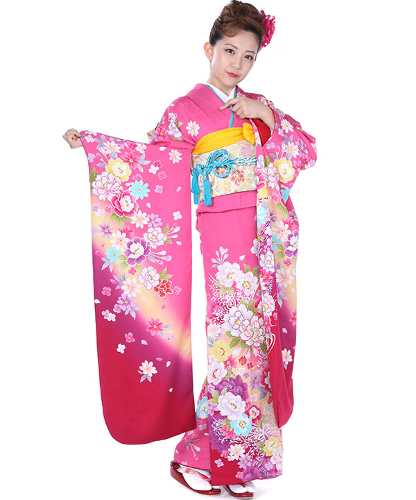 振袖レンタル｜鮮やかピンクに牡丹蝶｜F0142｜LL｜宅配着物レンタル