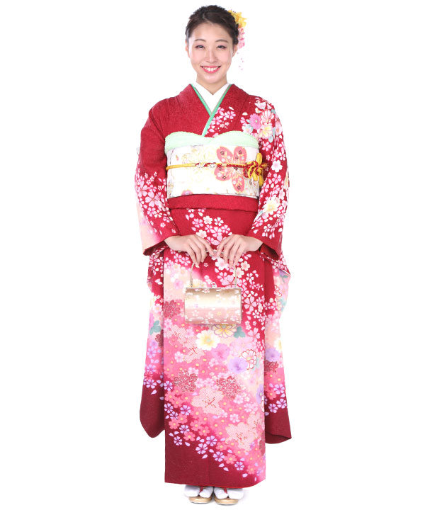振袖レンタル｜赤に小柄桜菊｜F0152｜L｜宅配着物レンタル・一式